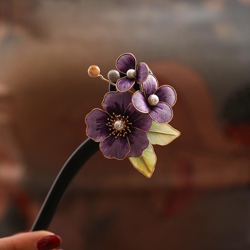 Handmade Enamel Flower Hair Stick Ebony Kingfisher Pearl
