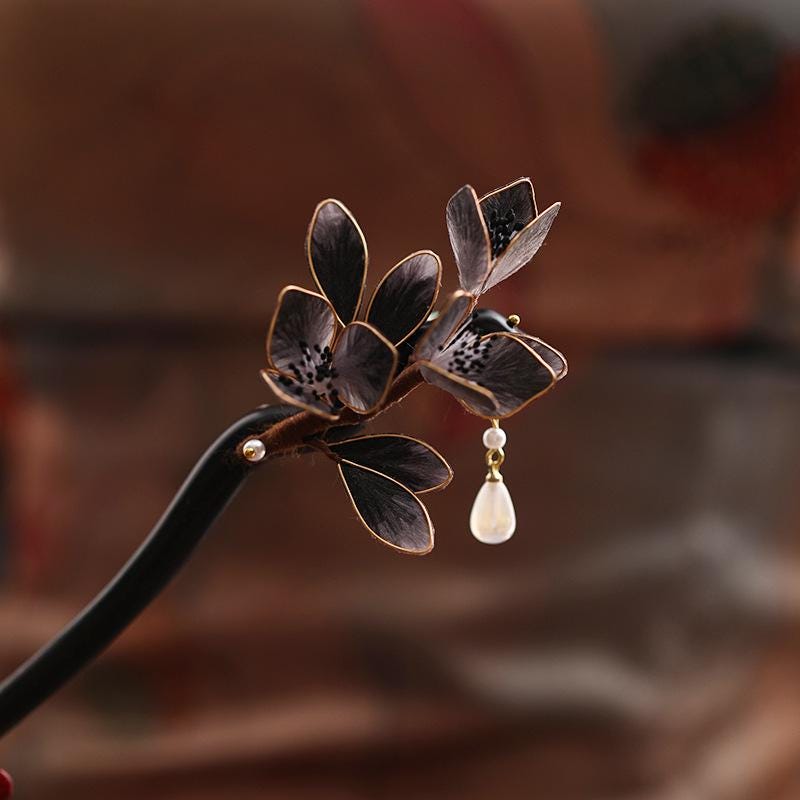 Handmade Enamel Flower Hair Stick Ebony Kingfisher Pearl