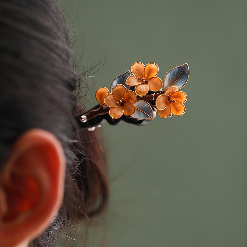 Ebony Hair Stick with Enamel Flower