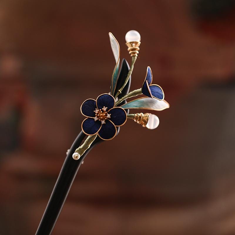 Ebony Hair Stick with Enamel Flower