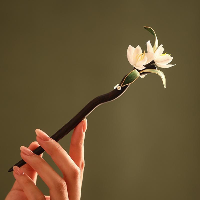 Ebony Hair Stick Blue Hydrangea Butterfly