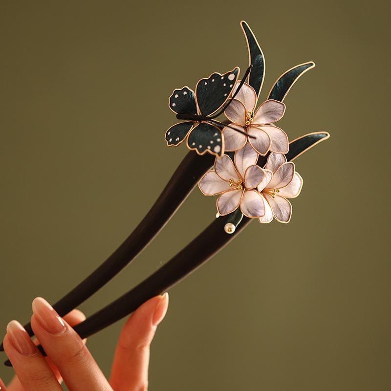 Ebony Hair Stick Blue Hydrangea Butterfly