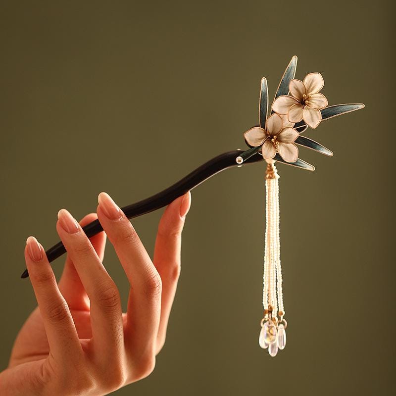 Ebony Hair Stick Blue Hydrangea Butterfly