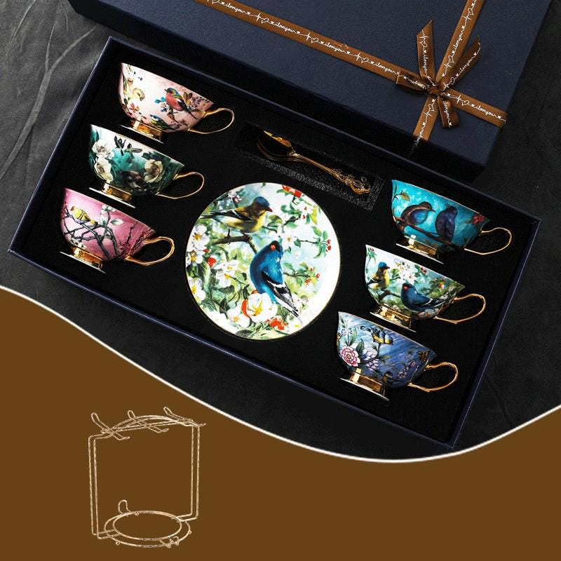 Bone China Tea Cup Set Bird and Floral Design