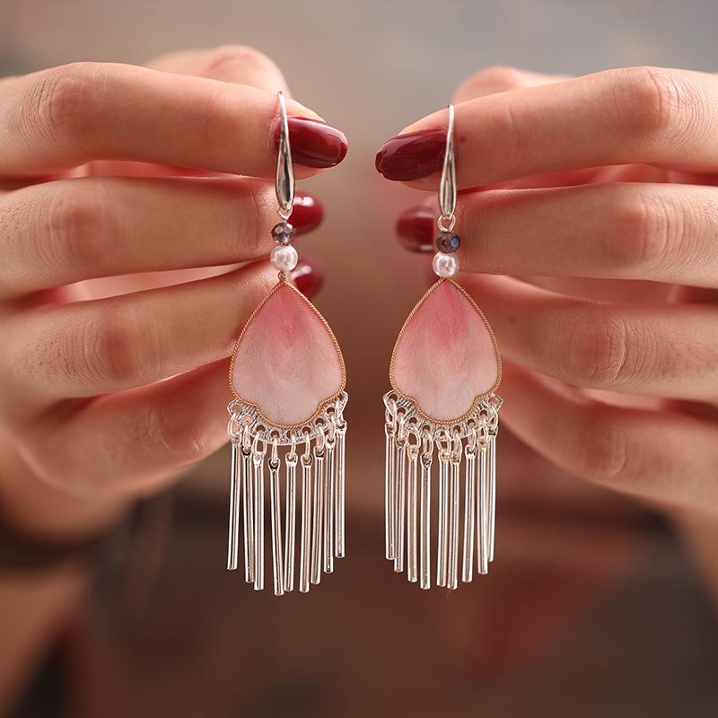 Handcrafted Enamel Petal Drop Earrings with Silk Tassels