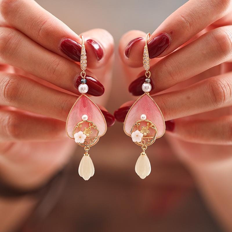 Handcrafted Enamel Petal Drop Earrings with Silk Tassels
