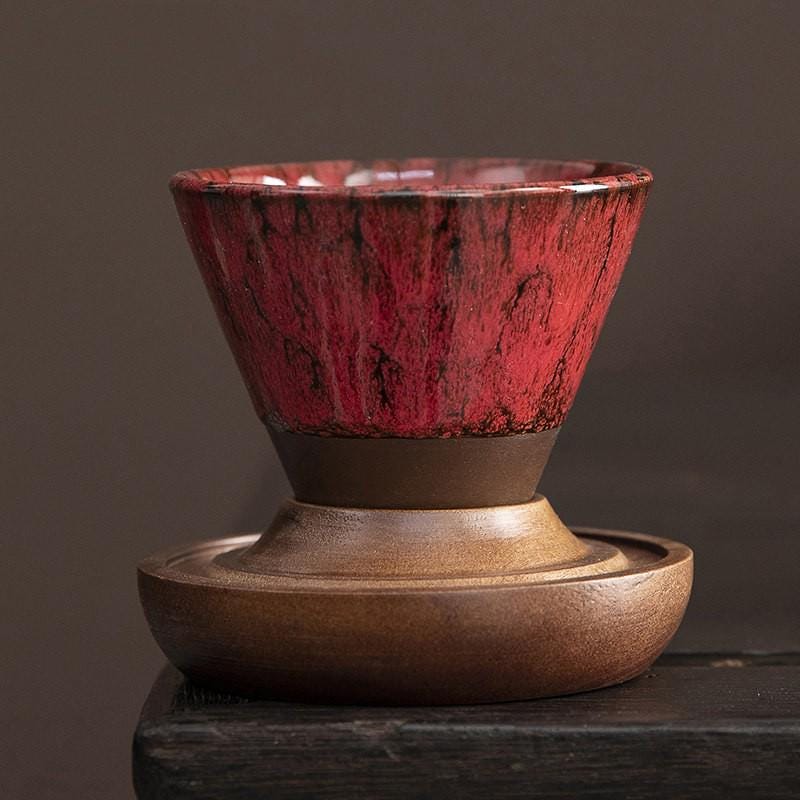 Handcrafted Ceramic Coffee Cup Walnut Base Travel Case