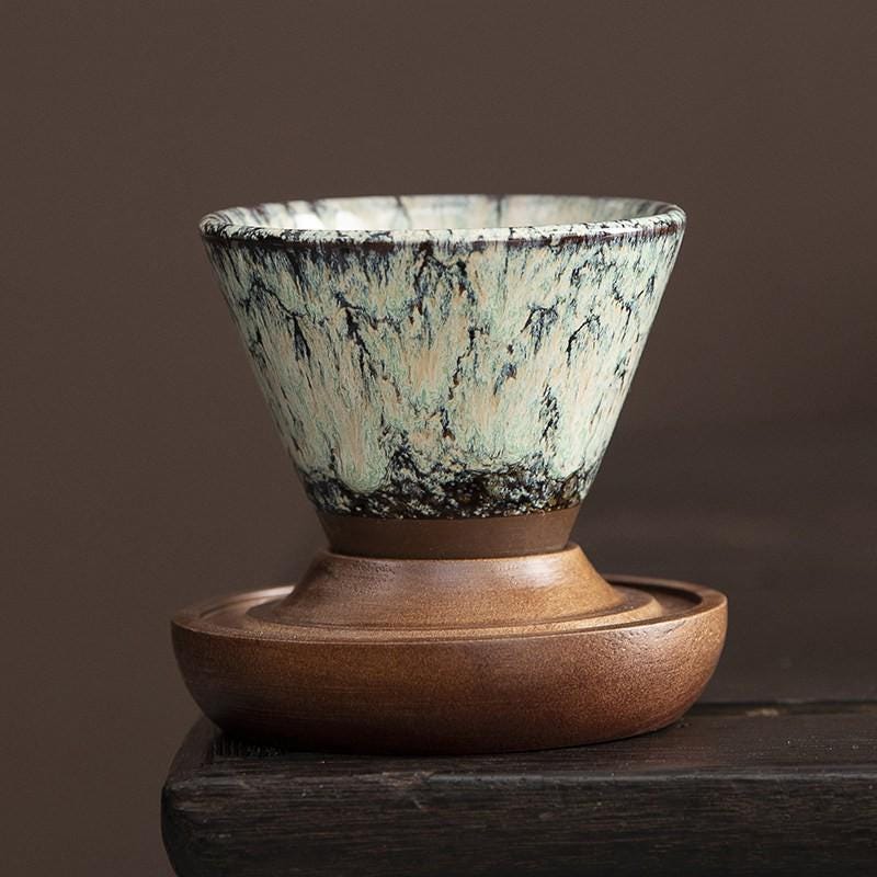 Handcrafted Ceramic Coffee Cup Walnut Base Travel Case