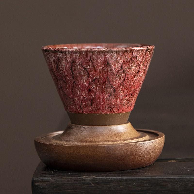 Handcrafted Ceramic Coffee Cup Walnut Base Travel Case