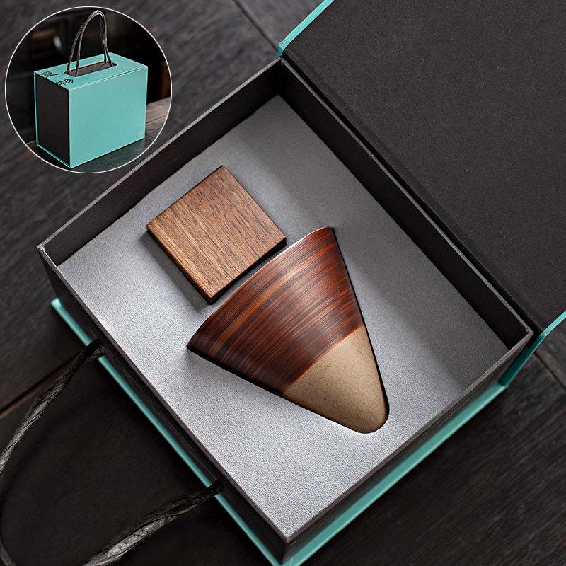 Ceramic Coffee Cup Set with Walnut Base