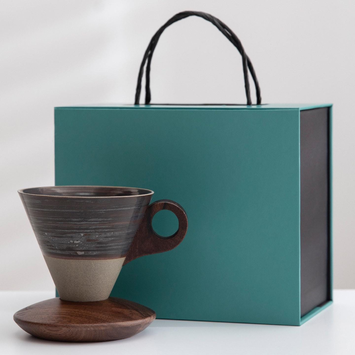 Ceramic Coffee Cup Set with Walnut Base