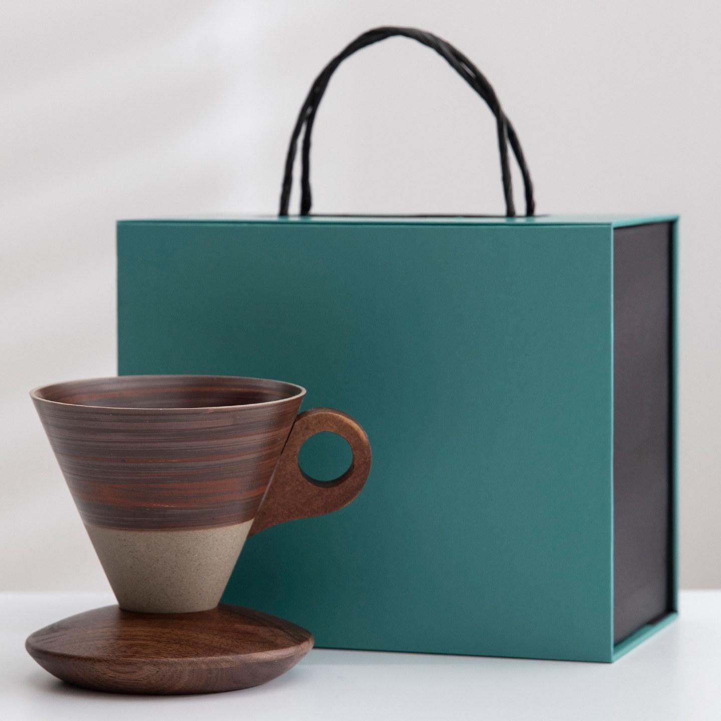 Ceramic Coffee Cup Set with Walnut Base