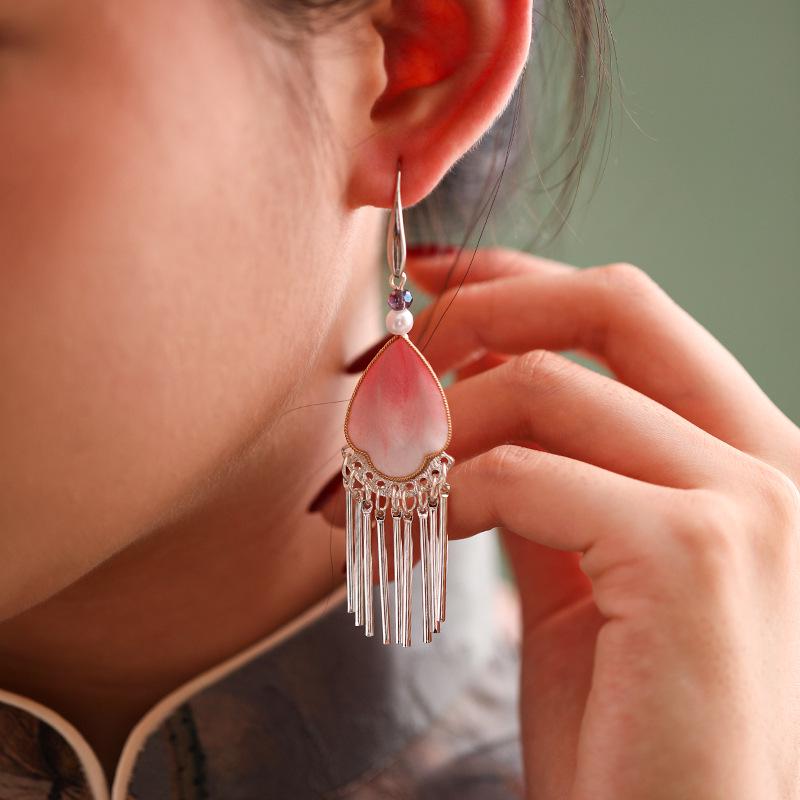 Handcrafted Enamel Petal Drop Earrings with Silk Tassels