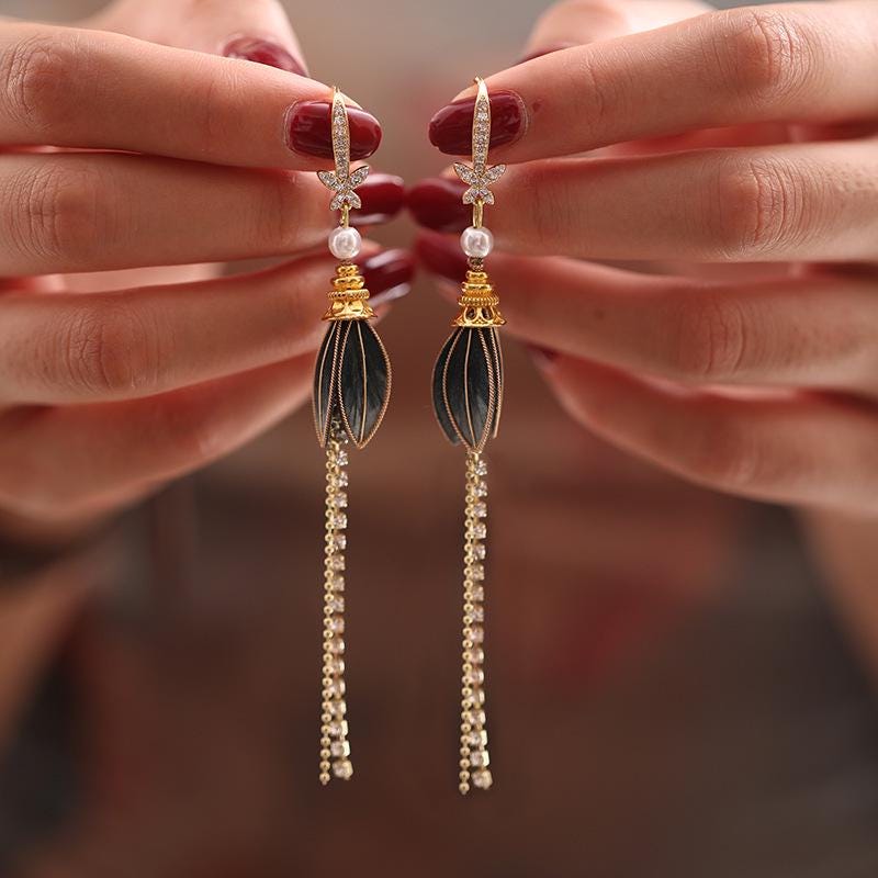 Handcrafted Enamel Petal Drop Earrings with Silk Tassels