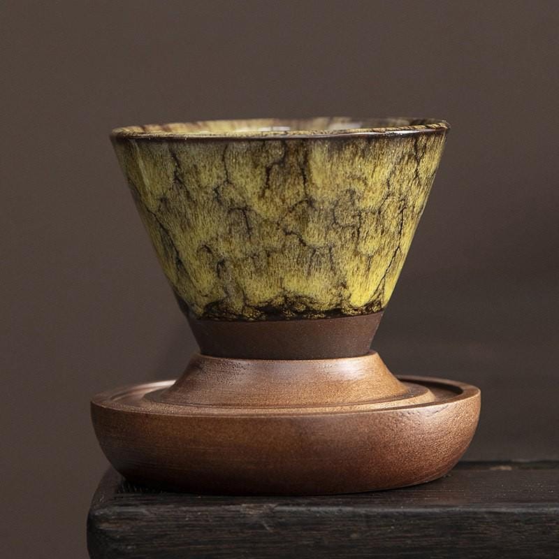 Handcrafted Ceramic Coffee Cup Walnut Base Travel Case