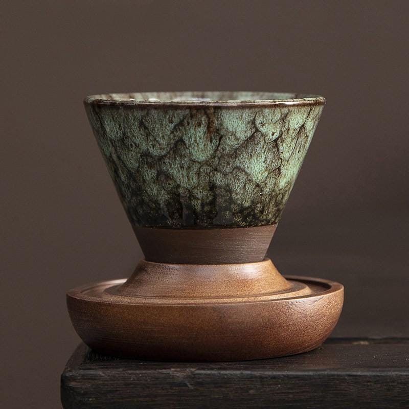 Handcrafted Ceramic Coffee Cup Walnut Base Travel Case