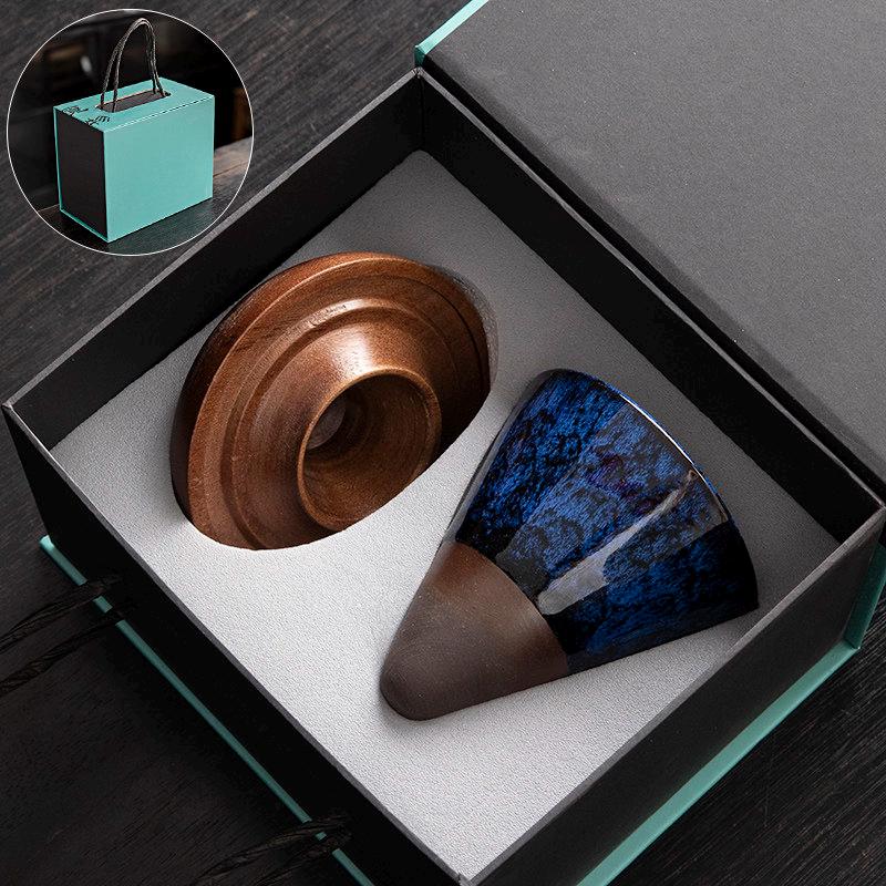 Handcrafted Ceramic Coffee Cup Walnut Base Travel Case