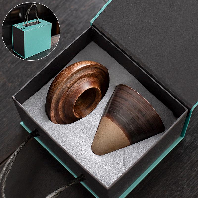 Ceramic Coffee Cup Set with Walnut Base