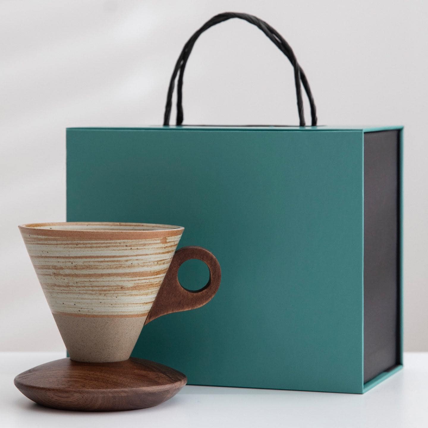 Ceramic Coffee Cup Set with Walnut Base