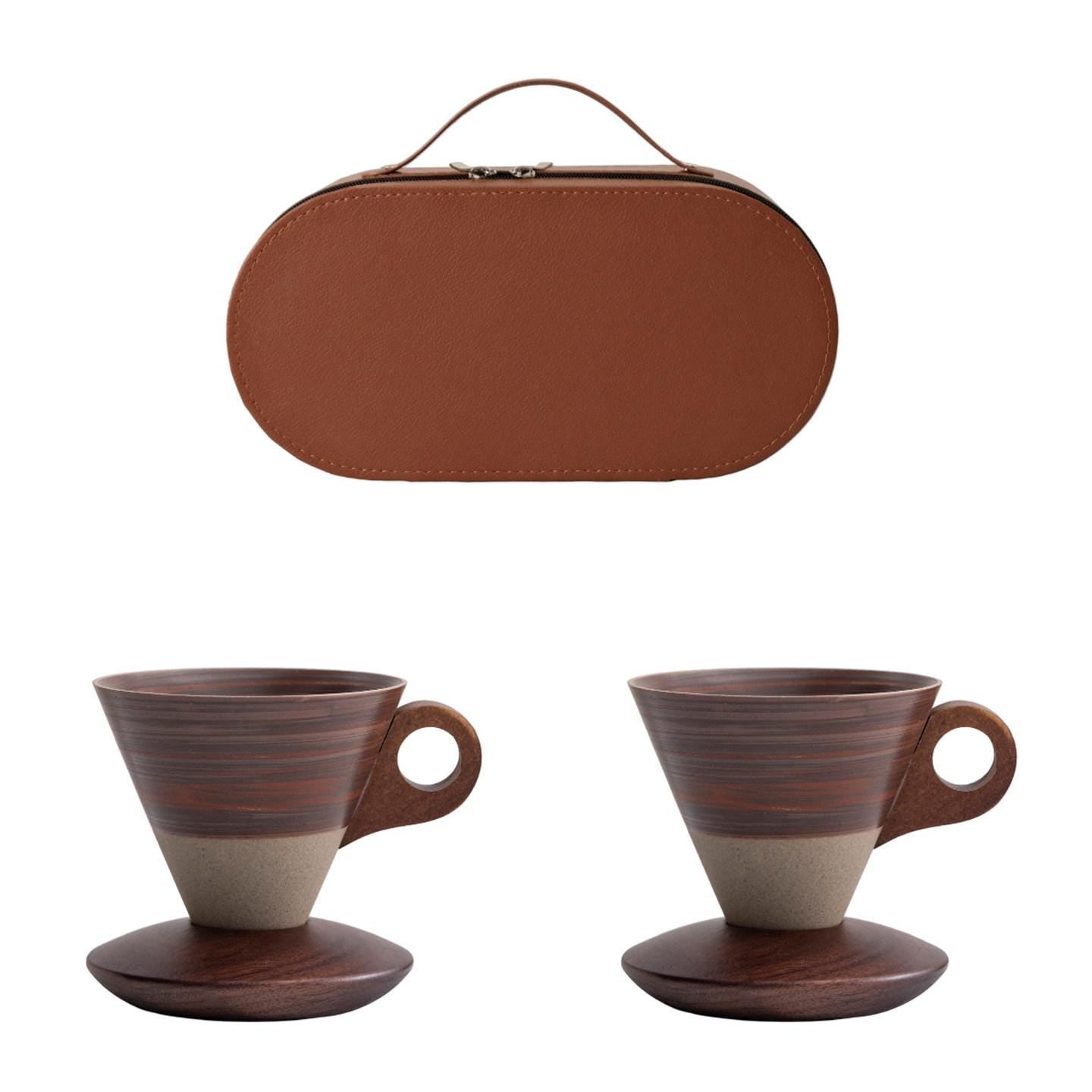 Ceramic Coffee Cup Set with Walnut Base