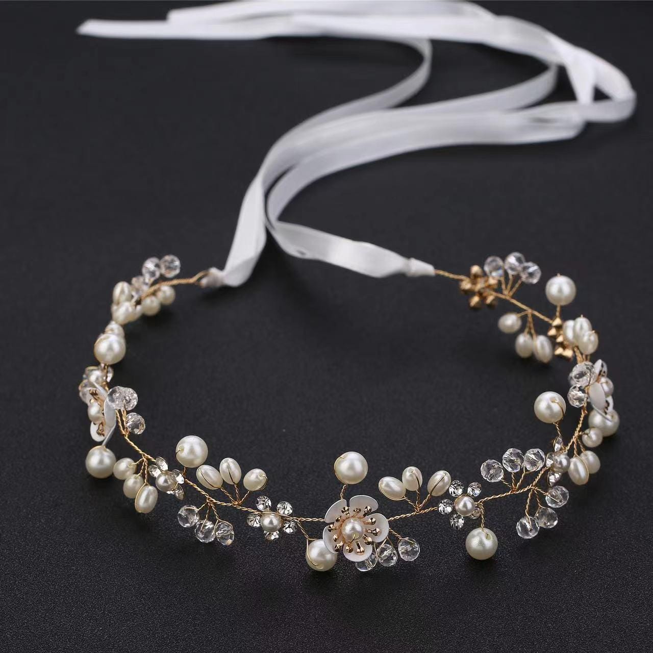 Crystal Pearl Bridal Hair Vine Handmade