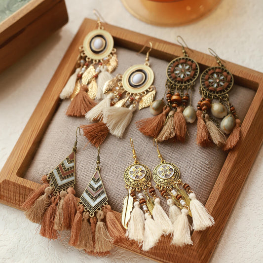 Boho Tassel Drop Earrings Handmade Gold