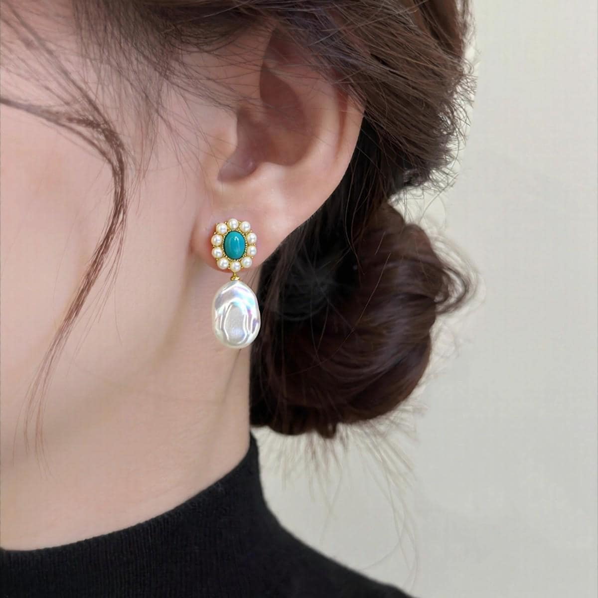 Handmade Turquoise Baroque Pearl Drop Earrings Vintage Gold Silver Bridal